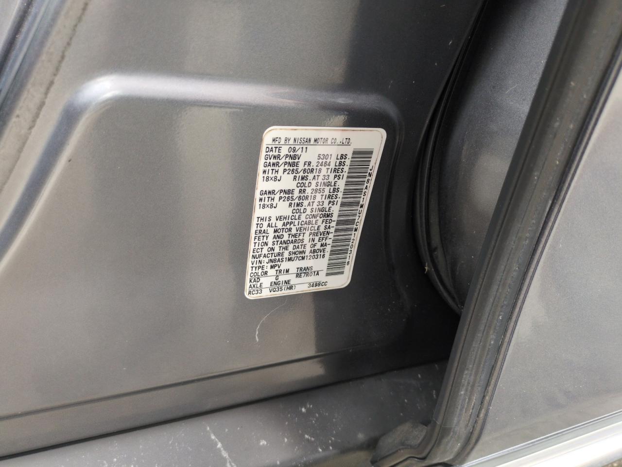 2012 Infiniti FX VIN JN8AS1MU7CM120316 Copart auction photo, water/flood damage thumbnail 14