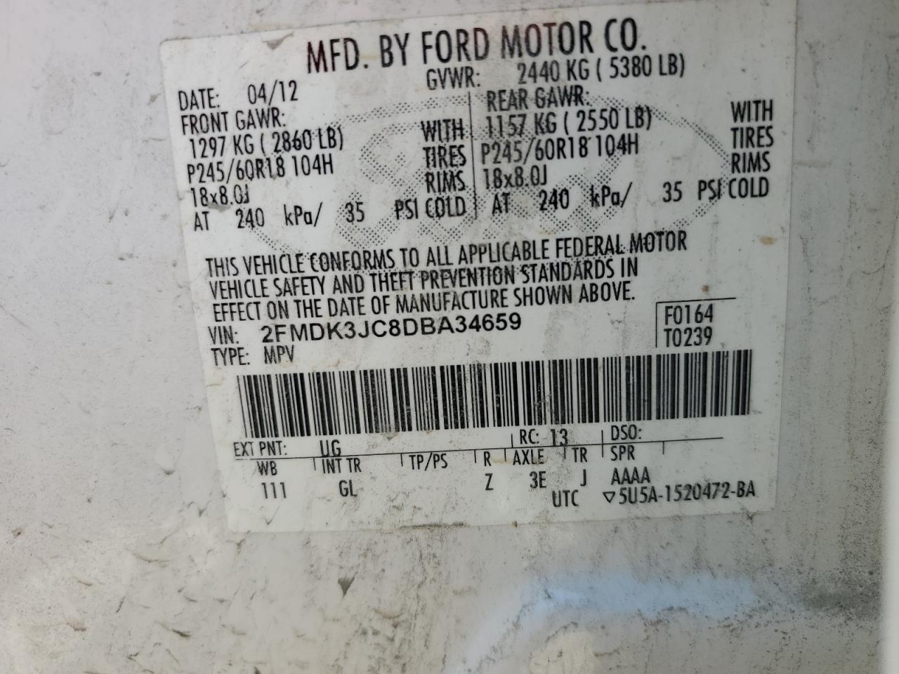 2013 Ford Edge VIN 2FMDK3JC8DBA34659 Copart auction photo, front end / minor dent/scratches damage thumbnail 14