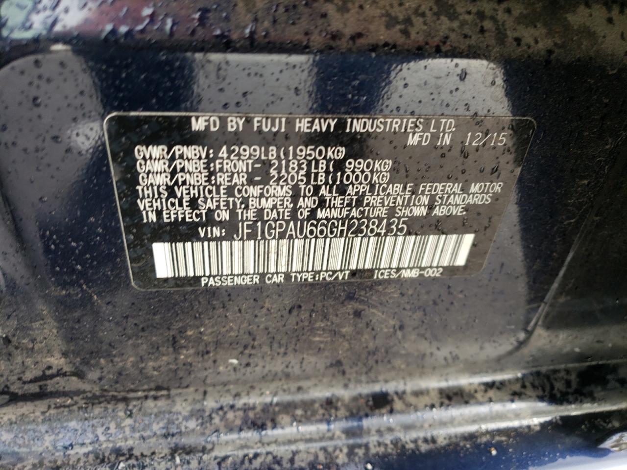 2016 Subaru Impreza VIN JF1GPAU66GH238435 Copart auction photo, front end damage thumbnail 12