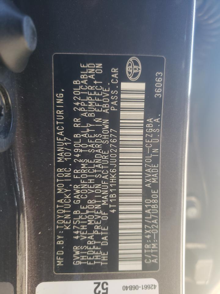 2018 Toyota Camry VIN 4T1B11HK6JU027677 Copart auction photo, side / rear end damage thumbnail 14