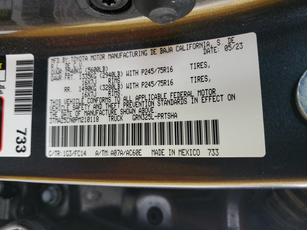 2023 Toyota Tacoma VIN 3TMAZ5CN0PM210118 Copart auction photo, rear end damage thumbnail 12