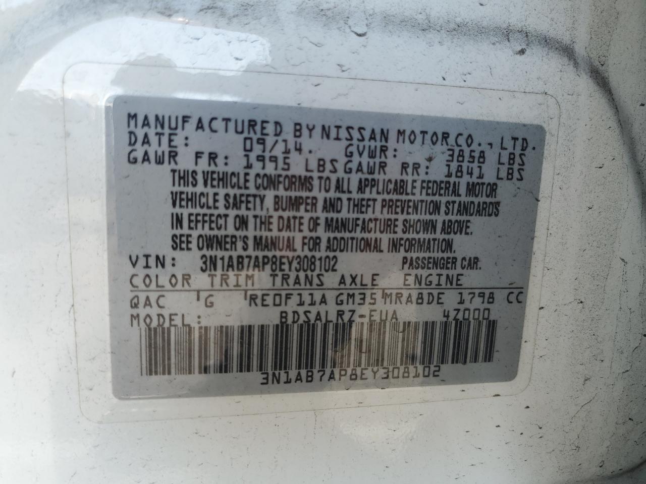 2014 Nissan Sentra VIN 3N1AB7AP8EY308102 Copart auction photo, front end / minor dent/scratches damage thumbnail 13