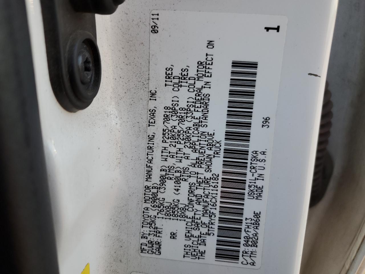 2012 Toyota Tundra VIN 5TFRY5F16CX116182 Copart auction photo, side / minor dent/scratches damage thumbnail 12