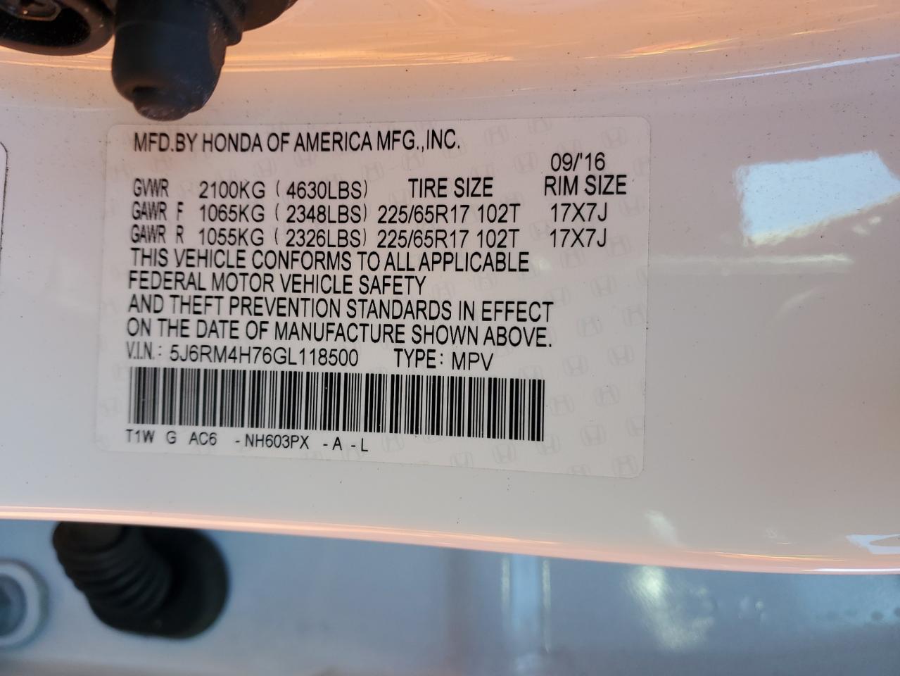 2016 Honda CR-V VIN 5J6RM4H76GL118500 Copart auction photo, front end / side damage thumbnail 15
