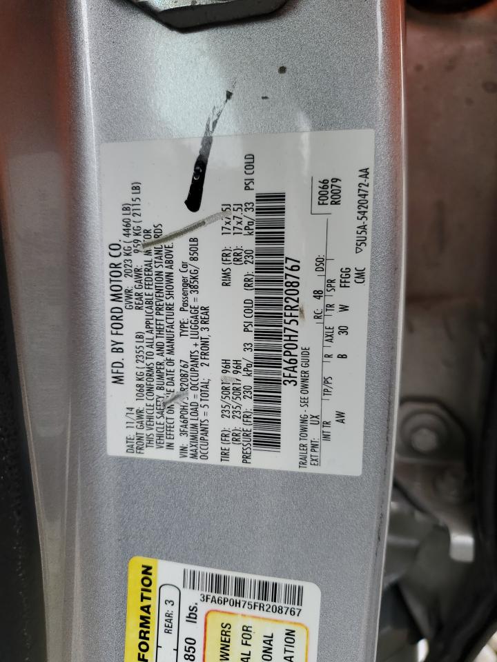 2015 Ford Fusion VIN 3FA6P0H75FR208767 Copart auction photo, rear end / front end damage thumbnail 14