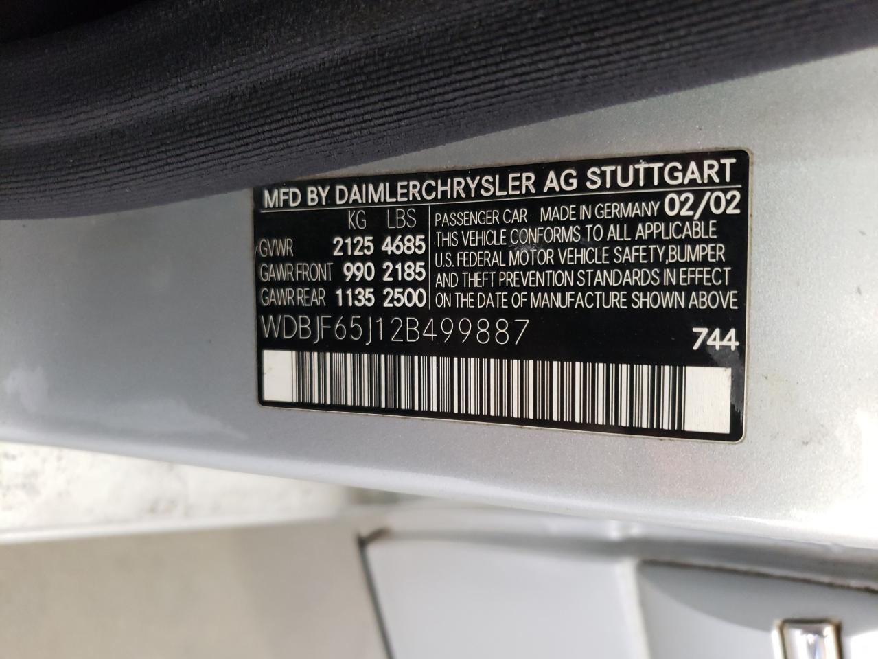 2002 Mercedes-Benz E-klasse VIN WDBJF65J12B499887 Copart auction photo, front end damage thumbnail 14