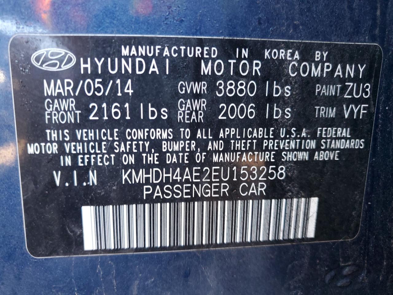 2014 Hyundai Elantra VIN KMHDH4AE2EU153258 Copart auction photo, front end / rear end damage thumbnail 12