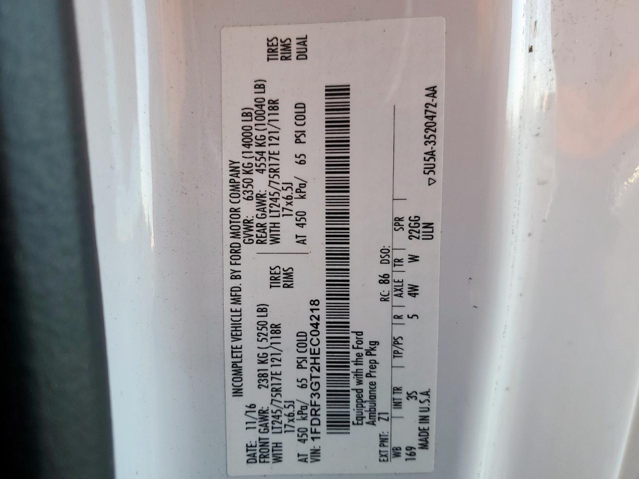 2017 Ford F350 VIN 1FDRF3GT2HEC04218 Copart auction photo, rear end damage thumbnail 13