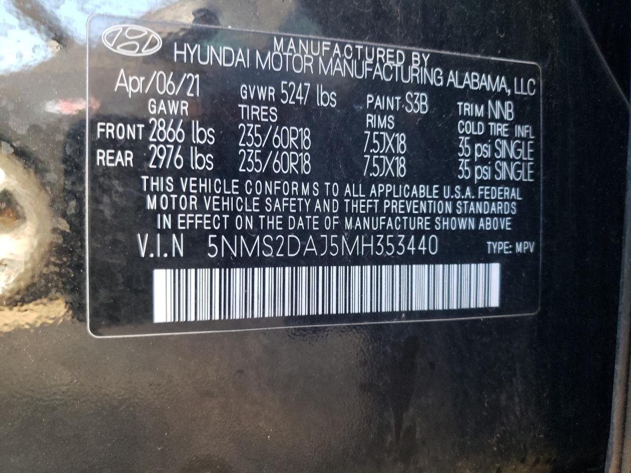 2021 Hyundai Santa Fe VIN 5NMS2DAJ5MH353440 Copart auction photo, front end damage thumbnail 12