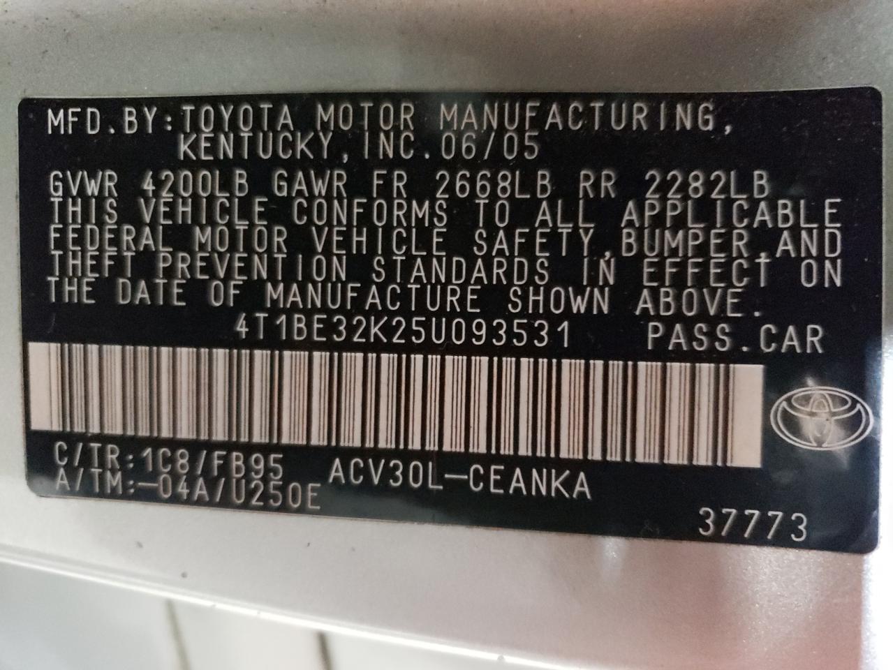 2005 Toyota Camry VIN 4T1BE32K25U093531 Copart auction photo, rear end damage thumbnail 14