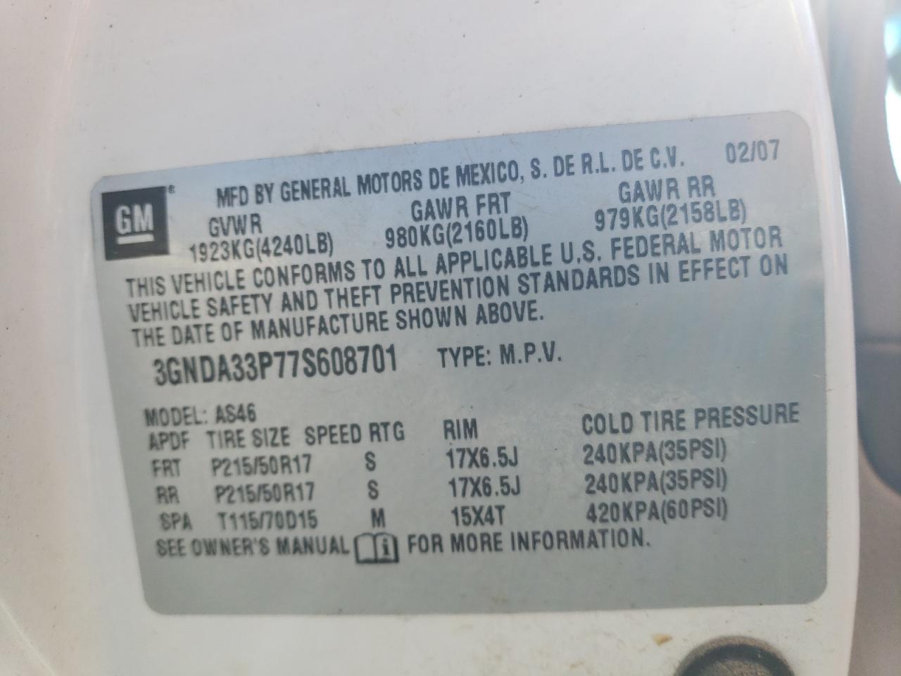 2007 Chevrolet HHR VIN 3GNDA33P77S608701 Copart auction photo, front end / minor dent/scratches damage thumbnail 12
