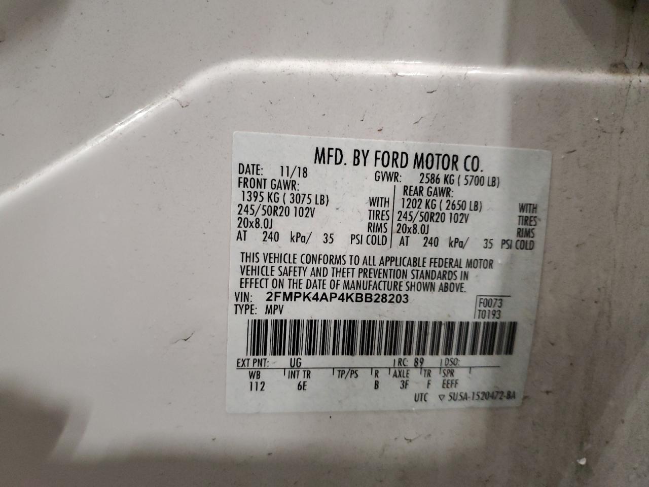 2019 Ford Edge VIN 2FMPK4AP4KBB28203 Copart auction photo, rear end damage thumbnail 13