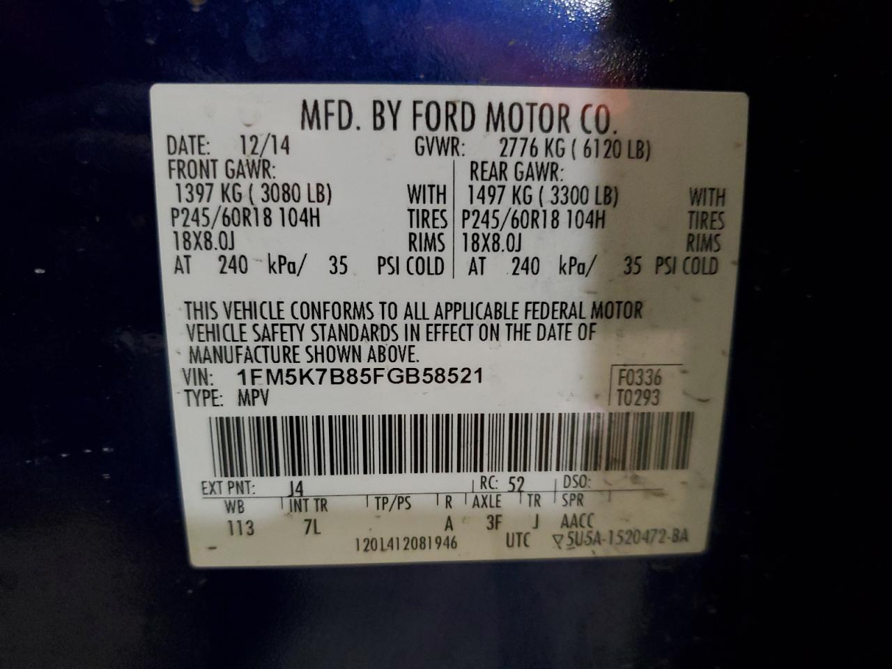 2015 Ford Explorer VIN 1FM5K7B85FGB58521 Copart auction photo, all over damage thumbnail 13