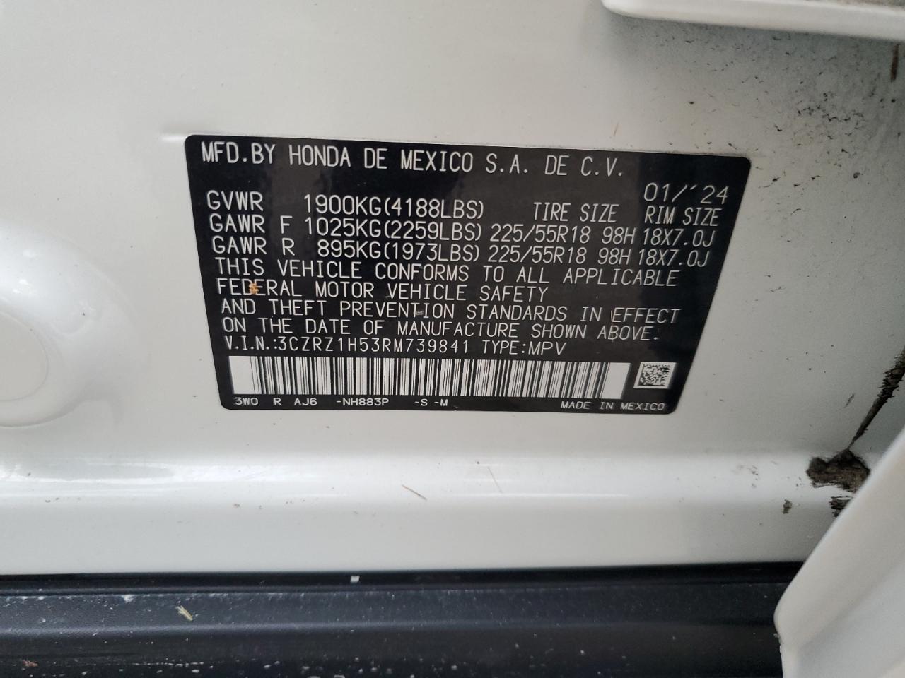 2024 Honda HR-V VIN 3CZRZ1H53RM739841 Copart auction photo, water/flood damage thumbnail 14