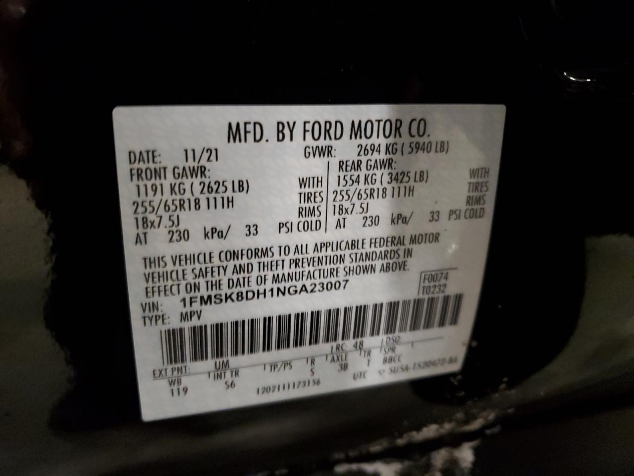 2022 Ford Explorer VIN 1FMSK8DH1NGA23007 Copart auction photo, side / rear end damage thumbnail 15