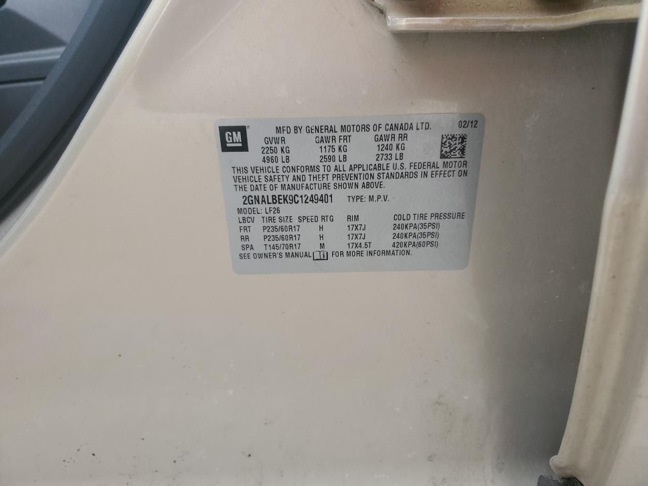 2012 Chevrolet Equinox VIN 2GNALBEK9C1249401 Copart auction photo, front end damage thumbnail 12
