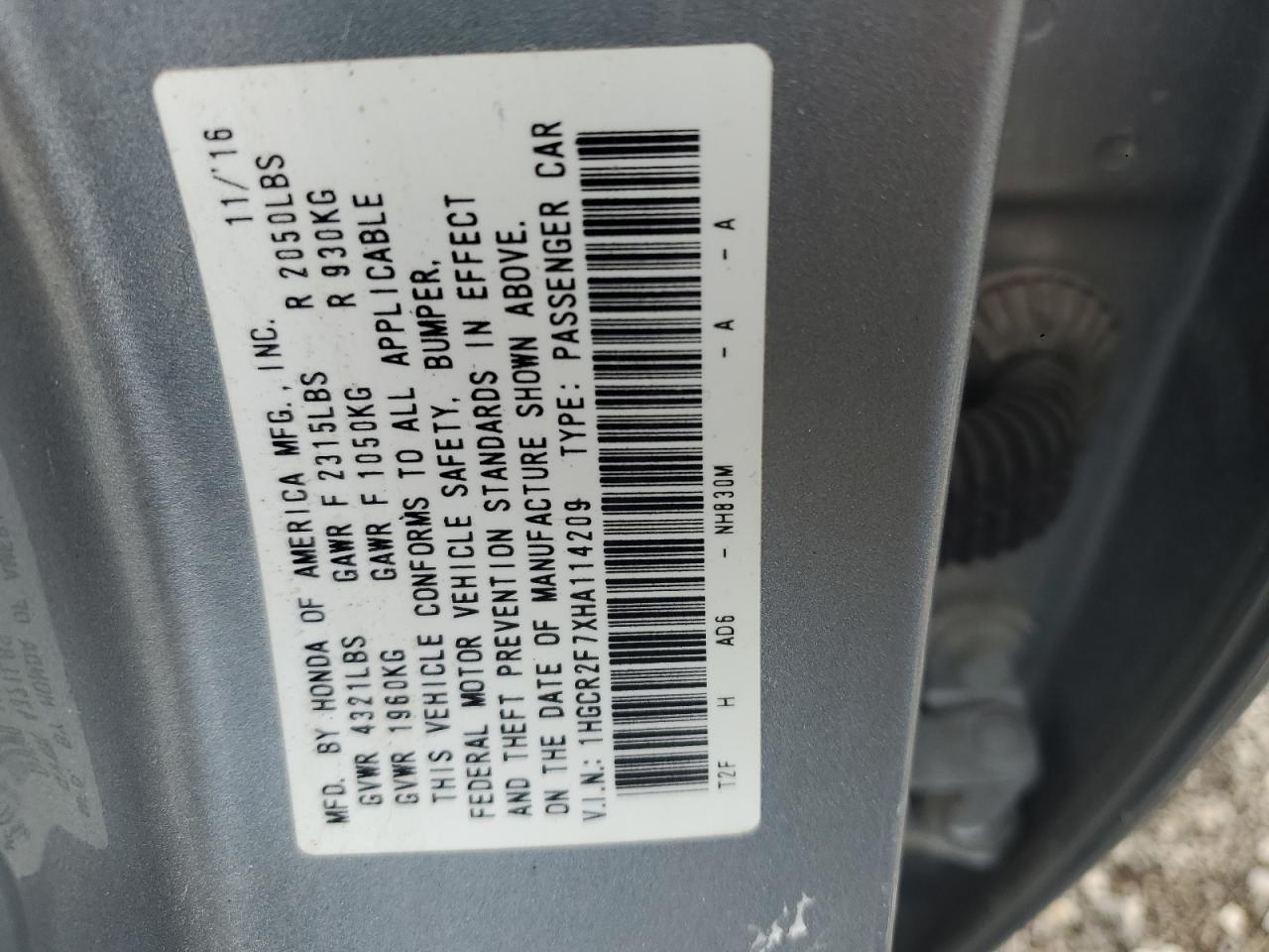 2017 Honda Accord VIN 1HGCR2F7XHA114209 Copart auction photo, front end / undercarriage damage thumbnail 12