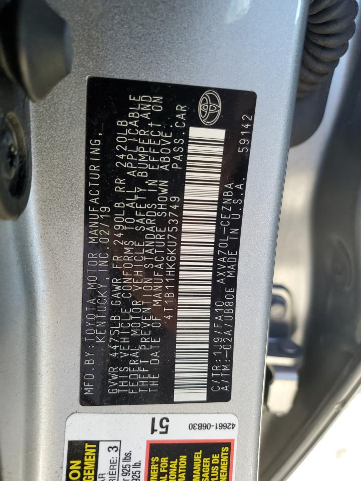 2019 Toyota Camry VIN 4T1B11HK6KU753749 Copart auction photo, front end damage thumbnail 14