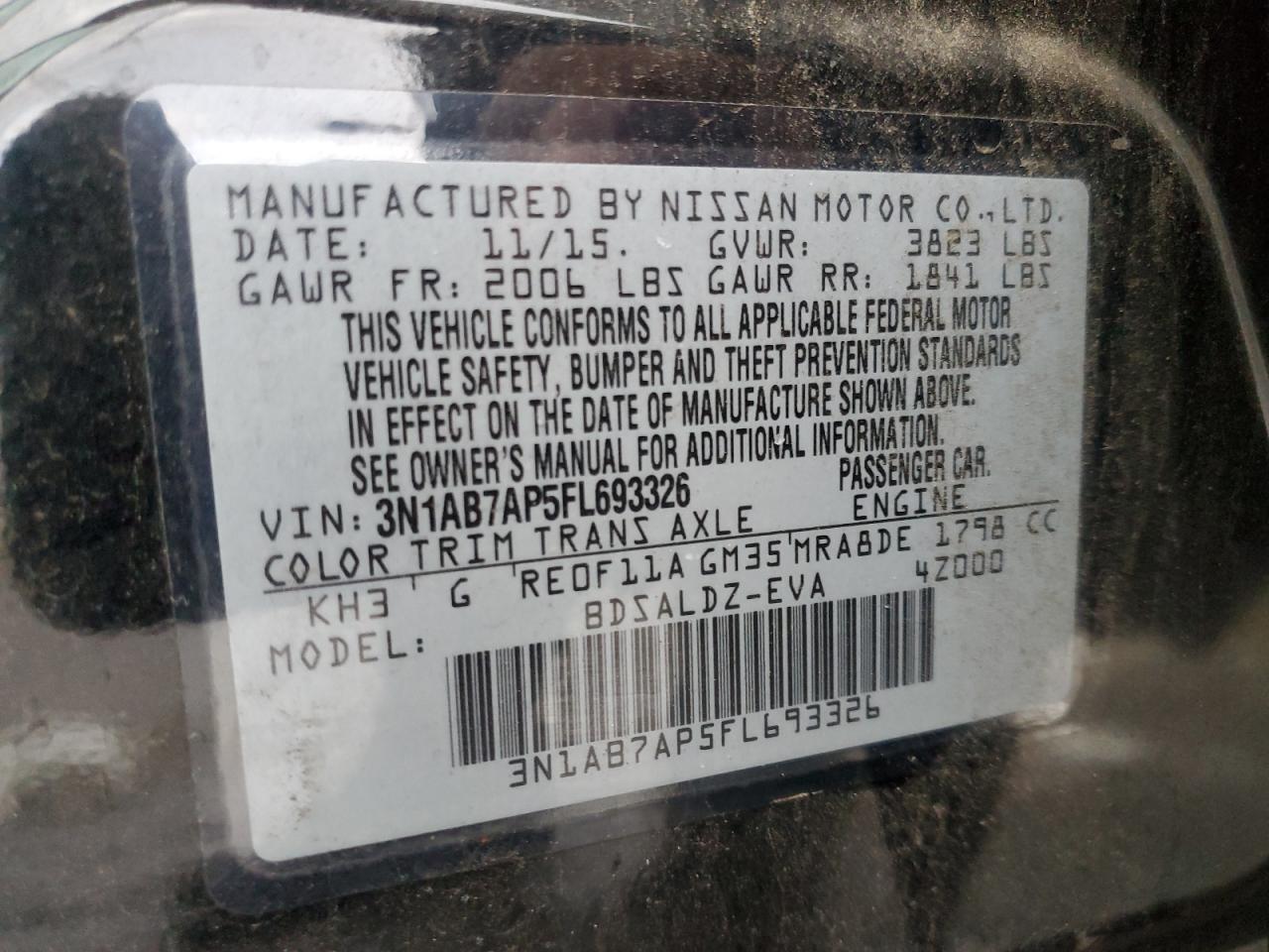 2015 Nissan Sentra VIN 3N1AB7AP5FL693326 Copart auction photo, mechanical / side damage thumbnail 12