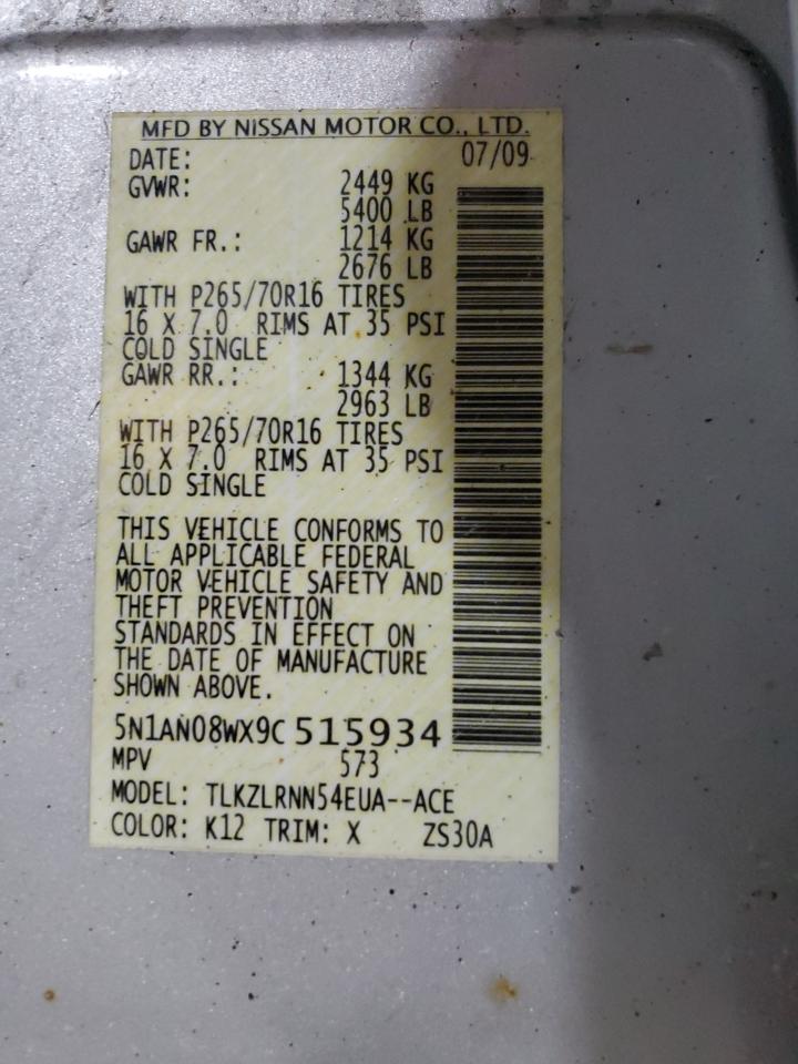 2009 Nissan XTerra VIN 5N1AN08WX9C515934 Copart auction photo, front end / side damage thumbnail 13