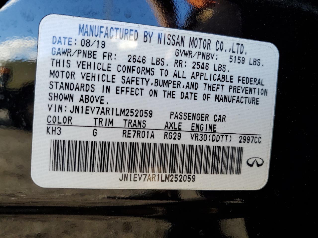 2020 Infiniti Q50 VIN JN1EV7AR1LM252059 Copart auction photo, all over damage thumbnail 15