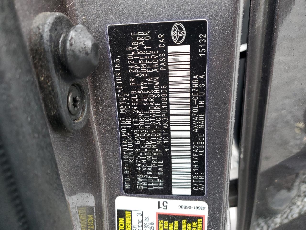 2023 Toyota Camry VIN 4T1C11AK3PU108806 Copart auction photo, front end / rear end damage thumbnail 14