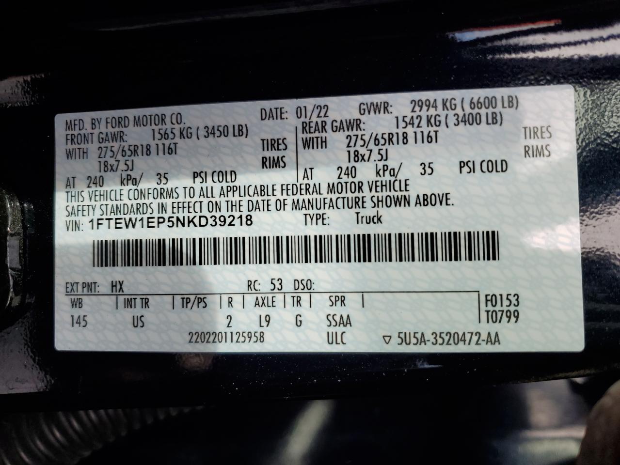 2022 Ford F-150 VIN 1FTEW1EP5NKD39218 Copart auction photo, all over / front end damage thumbnail 14