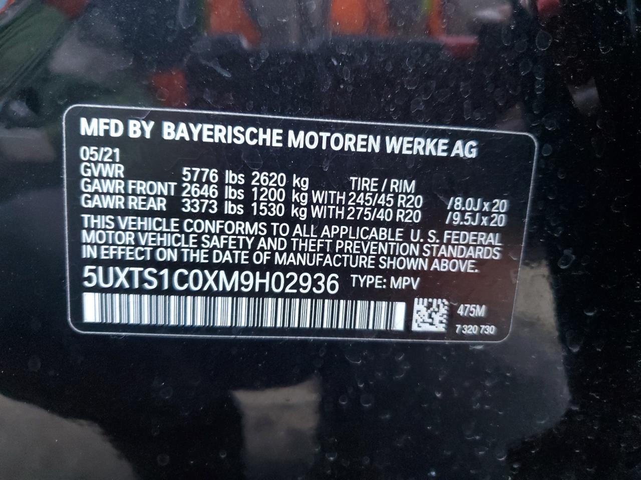2021 BMW X3 VIN 5UXTS1C0XM9H02936 Copart auction photo, front end damage thumbnail 14