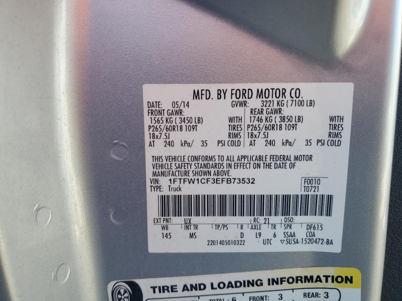 2014 Ford F-150 VIN 1FTFW1CF3EFB73532 Copart auction photo, rear end damage thumbnail 13