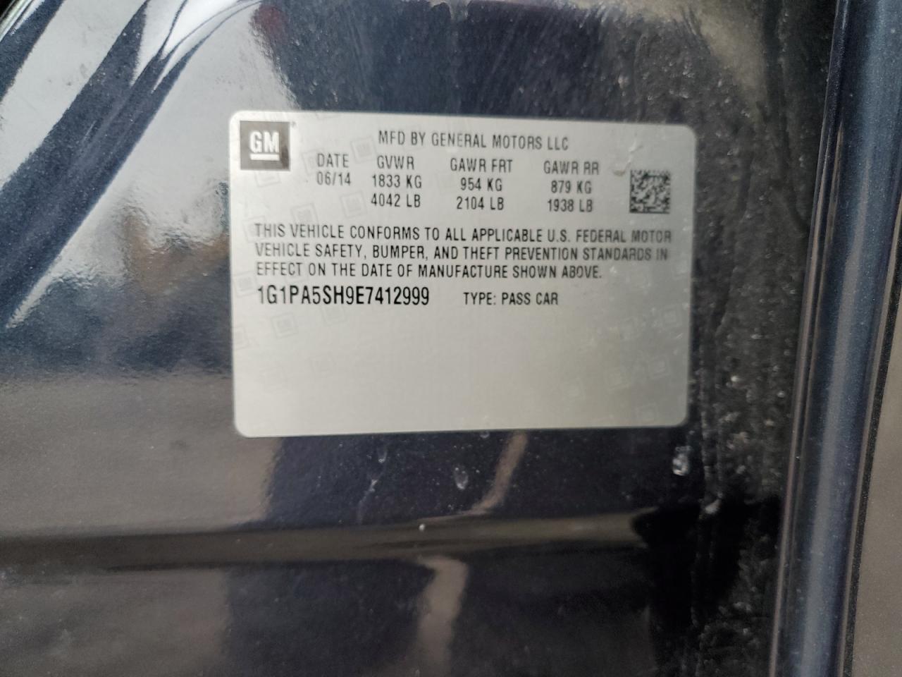 2014 Chevrolet Cruze VIN 1G1PA5SH9E7412999 Copart auction photo, front end / minor dent/scratches damage thumbnail 12