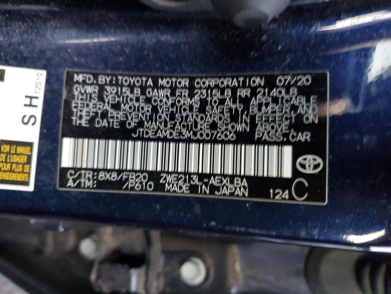 2021 Toyota Corolla VIN JTDEAMDE3MJ007606 Copart auction photo, front end / minor dent/scratches damage thumbnail 12