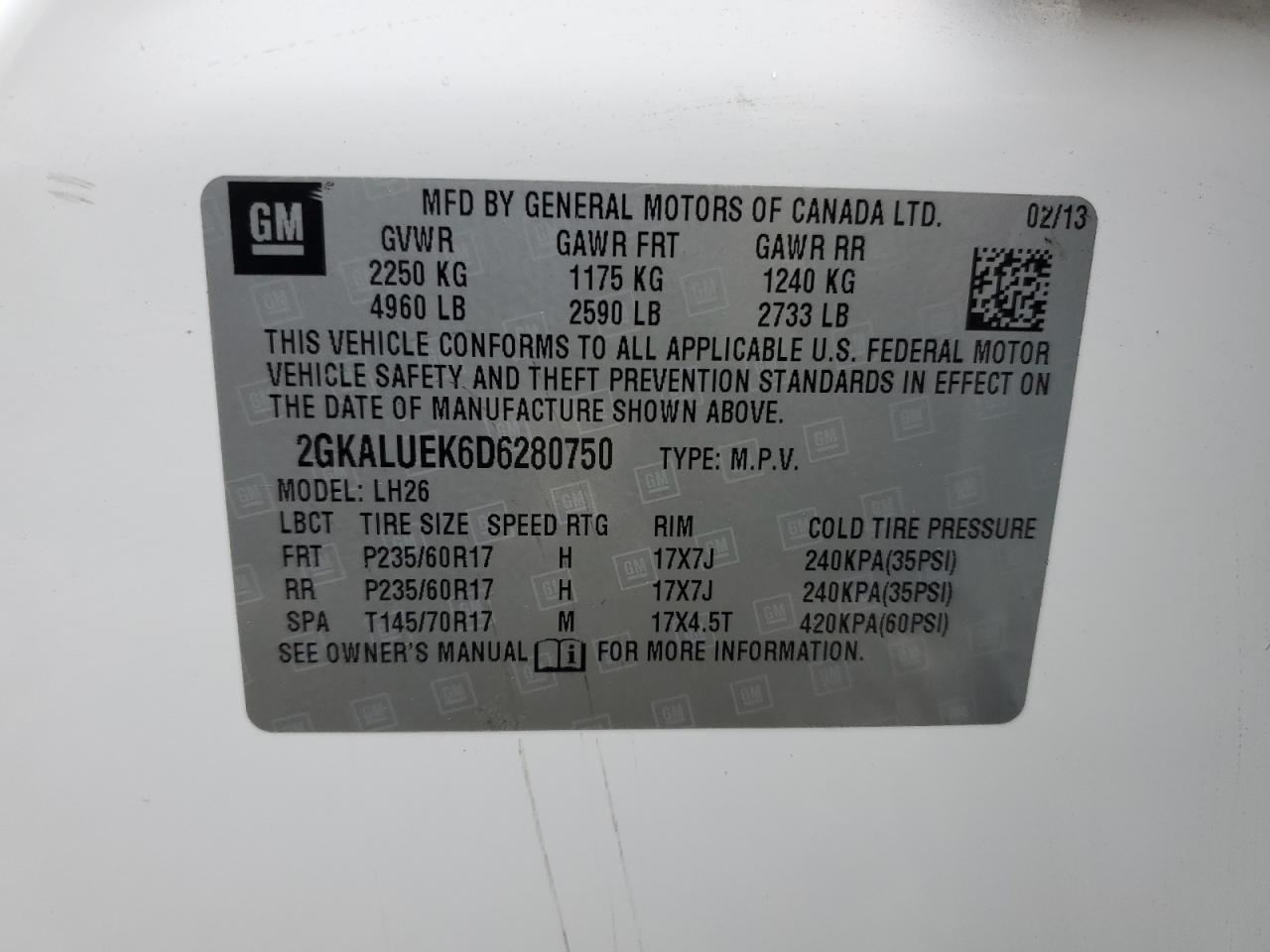 2013 GMC Terrain VIN 2GKALUEK6D6280750 Copart auction photo, partial repair damage thumbnail 14
