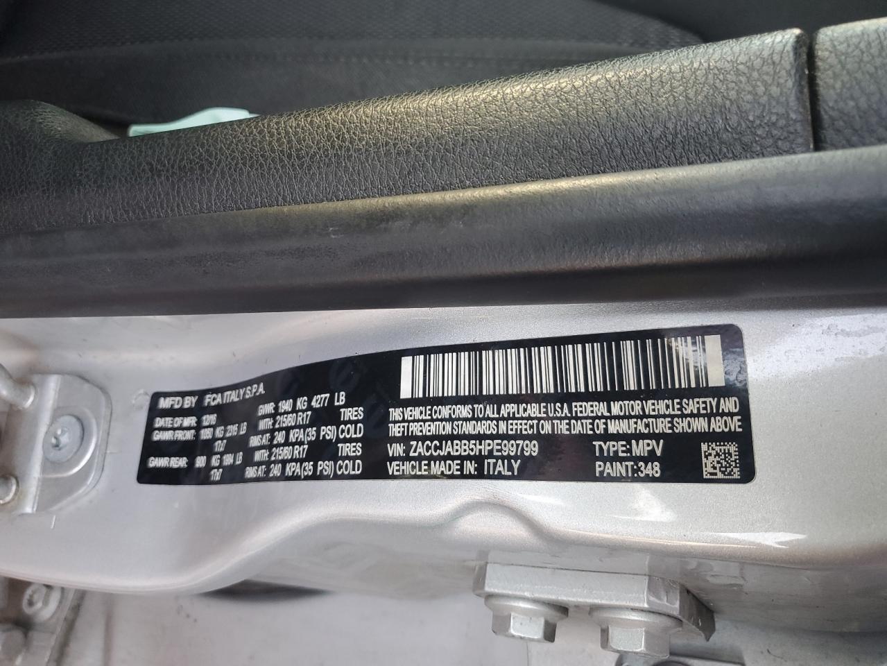 2017 Jeep Renegade VIN ZACCJABB5HPE99799 Copart auction photo, side / front end damage thumbnail 13