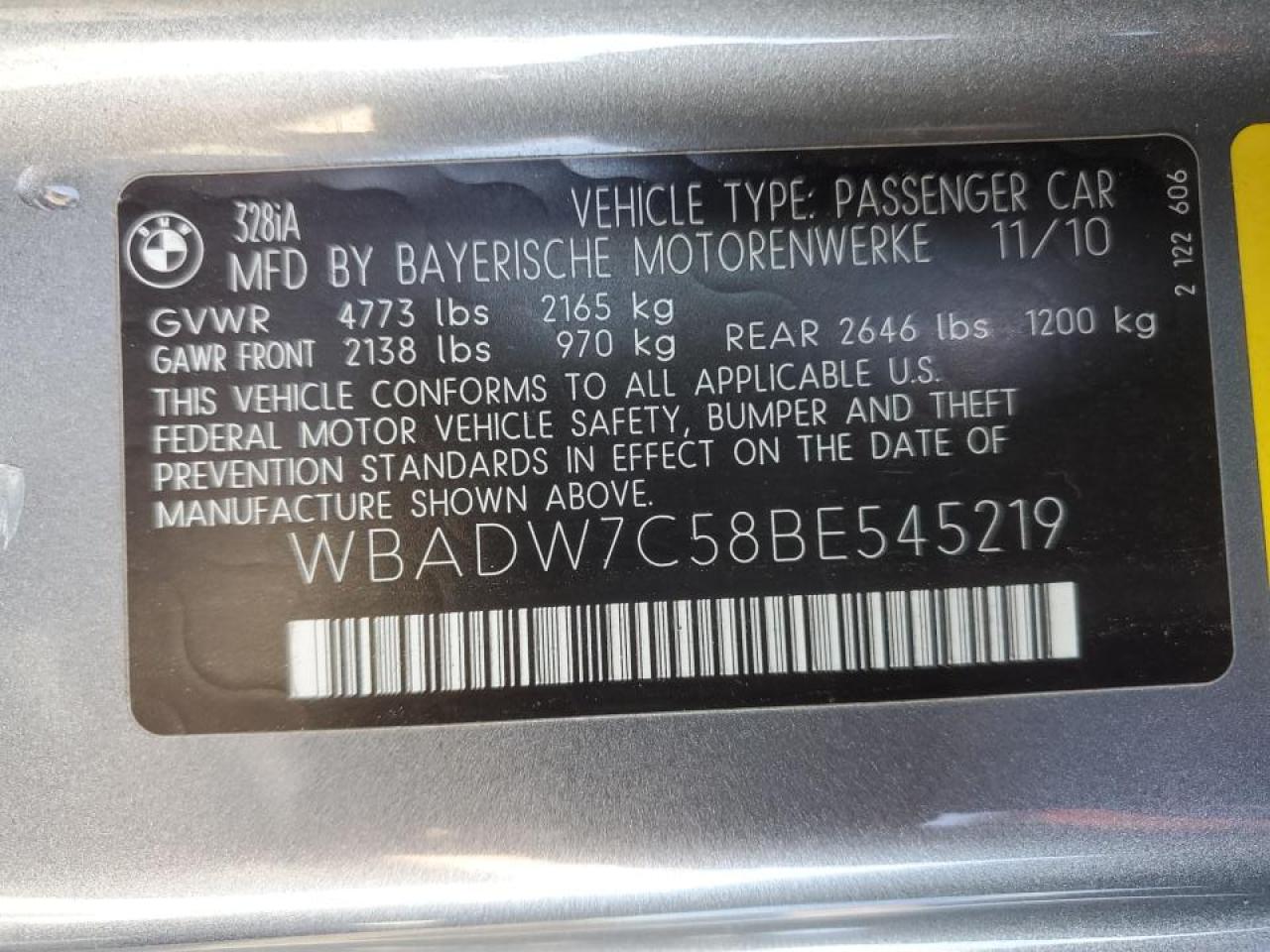 2011 BMW 3er VIN WBADW7C58BE545219 Copart auction photo, rear end / side damage thumbnail 12