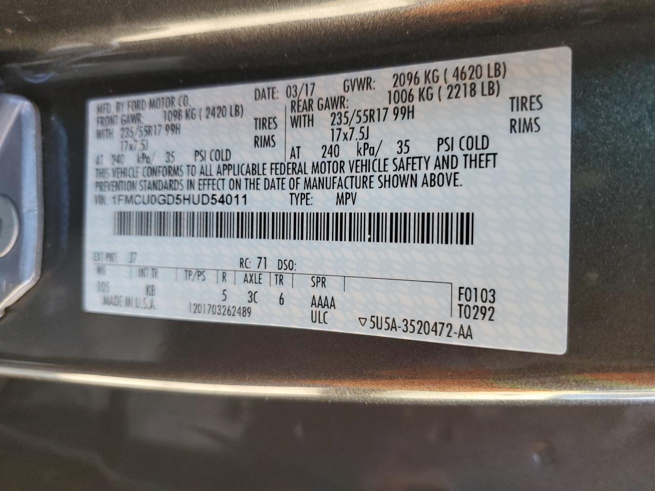 2017 Ford Escape VIN 1FMCU0GD5HUD54011 Copart auction photo, side damage thumbnail 13