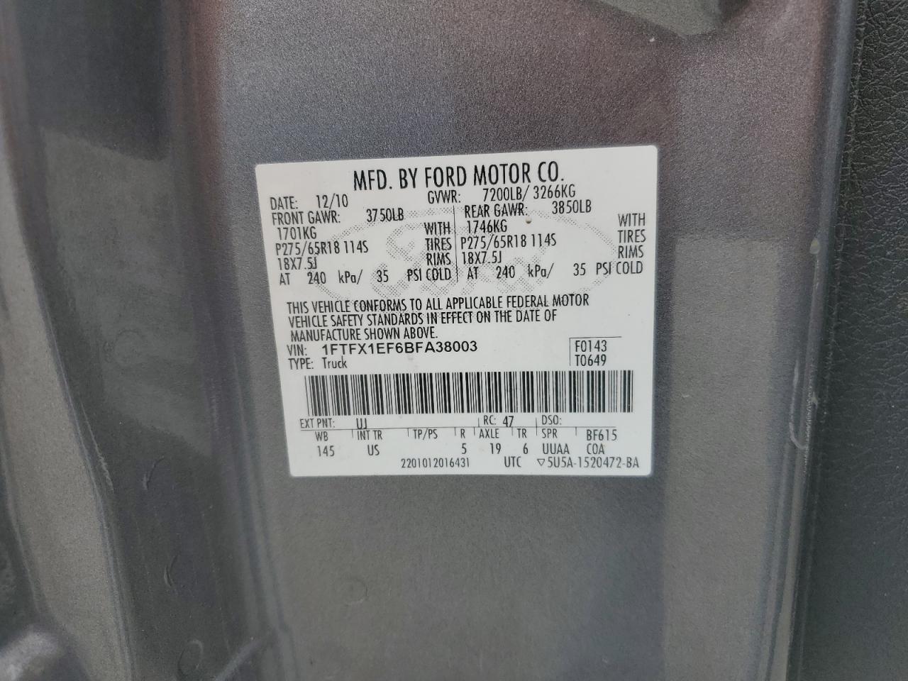 2011 Ford F-150 VIN 1FTFX1EF6BFA38003 Copart auction photo, minor dent/scratches damage thumbnail 12