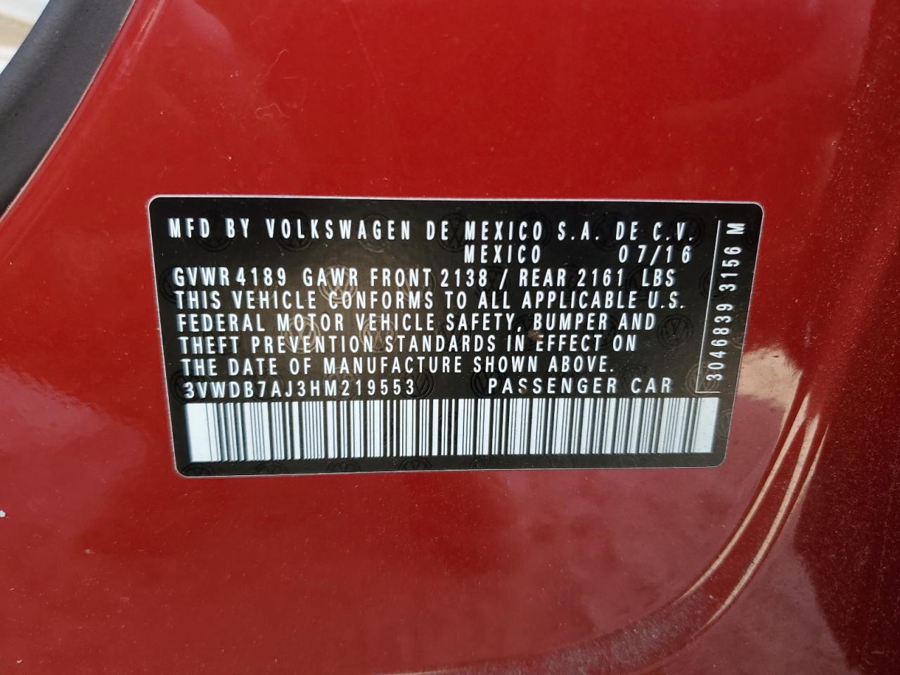 2017 Volkswagen Jetta VIN 3VWDB7AJ3HM219553 Copart auction photo, side / front end damage thumbnail 12