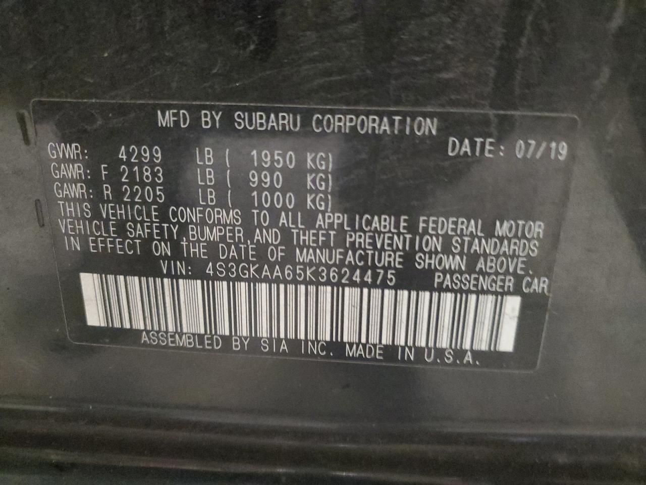 2019 Subaru Impreza VIN 4S3GKAA65K3624475 Copart auction photo, front end damage thumbnail 12