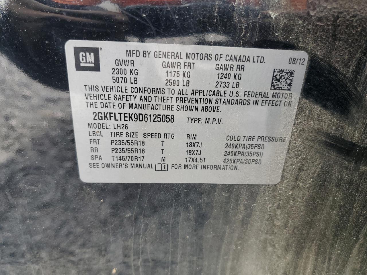 2013 GMC Terrain VIN 2GKFLTEK9D6125058 Copart auction photo, rear end / water/flood damage thumbnail 13