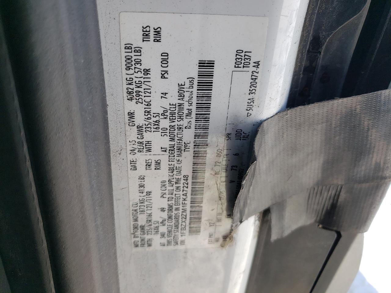 2015 Ford Transit VIN 1FBZX2ZM1FKA72248 Copart auction photo, mechanical / minor dent/scratches damage thumbnail 13