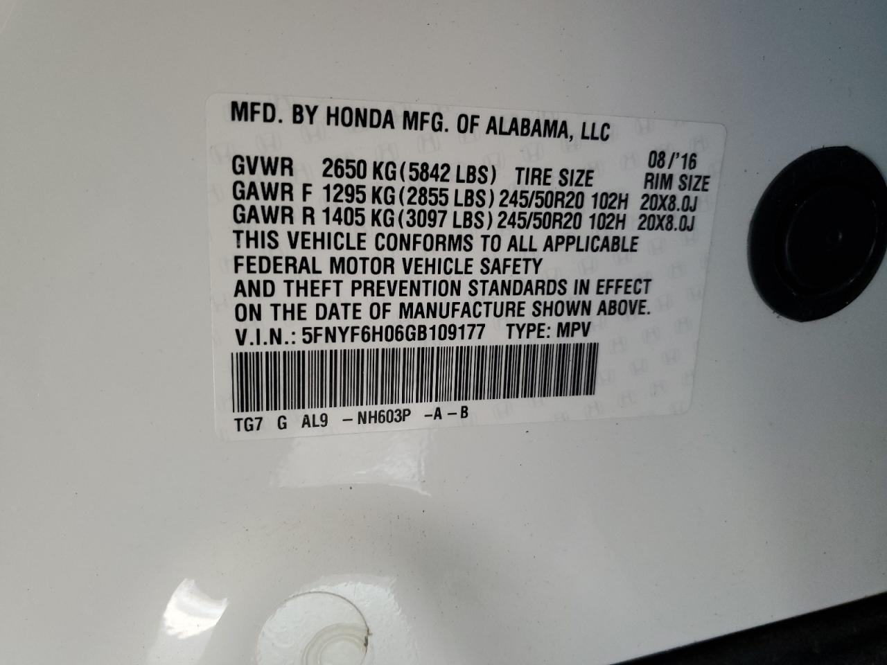 2016 Honda Pilot VIN 5FNYF6H06GB109177 Copart auction photo, front end damage thumbnail 13