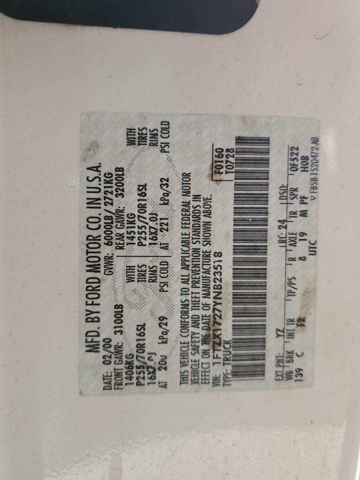 2000 Ford F-150 VIN 1FTZX1727YNB23518 Copart auction photo, front end / side damage thumbnail 13