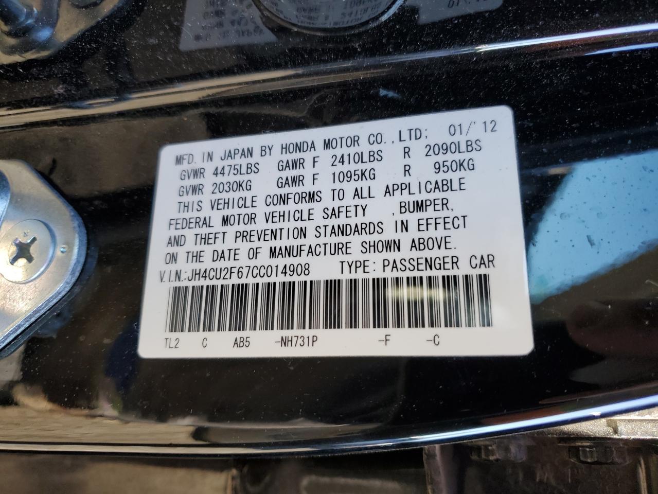 2012 Acura TSX VIN JH4CU2F67CC014908 Copart auction photo, all over damage thumbnail 13