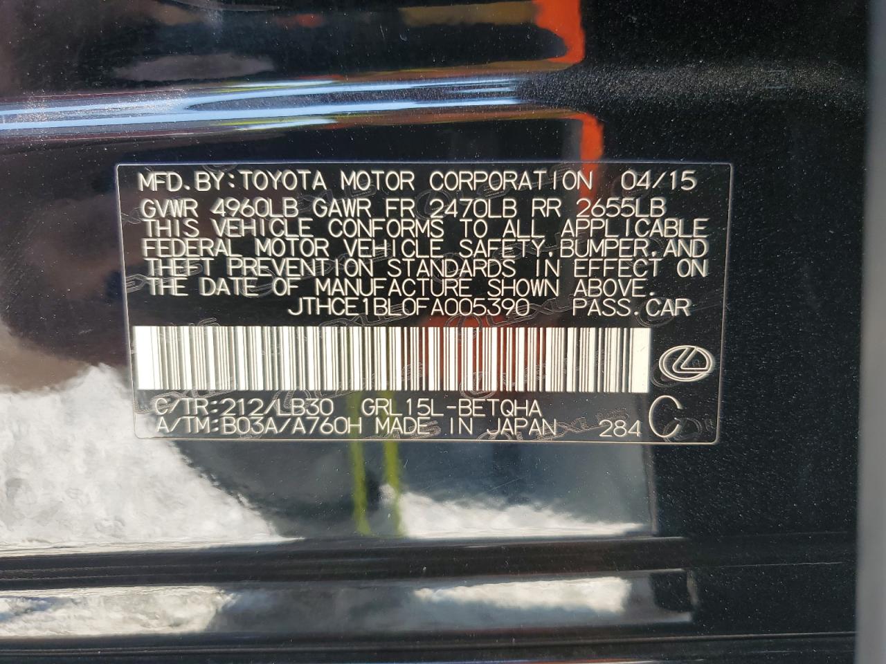 2015 Lexus GS VIN JTHCE1BL0FA005390 Copart auction photo, side / front end damage thumbnail 13