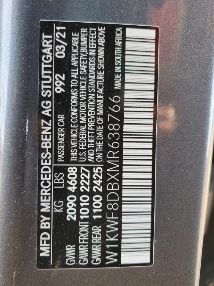 2021 Mercedes-Benz C-klasse VIN W1KWF8DBXMR638766 Copart auction photo, rear end damage thumbnail 12