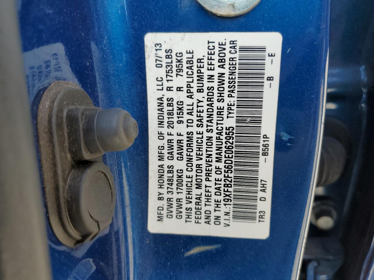 2013 Honda Civic VIN 19XFB2F56DE062955 Copart auction photo, rear end damage thumbnail 15