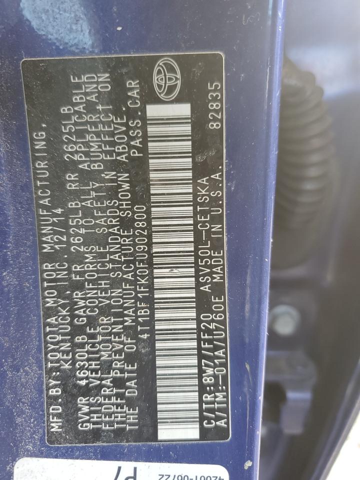 2015 Toyota Camry VIN 4T1BF1FK0FU902800 Copart auction photo, front end / side damage thumbnail 13