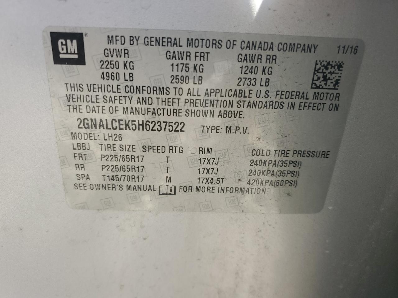 2017 Chevrolet Equinox VIN 2GNALCEK5H6237522 Copart auction photo, rear end damage thumbnail 16