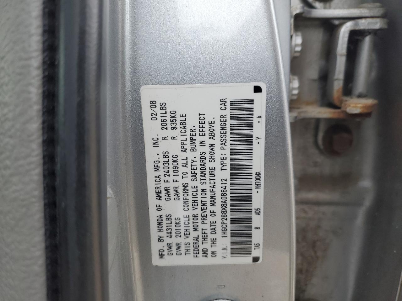2008 Honda Accord VIN 1HGCP268X8A086412 Copart auction photo, front end / rear end damage thumbnail 15