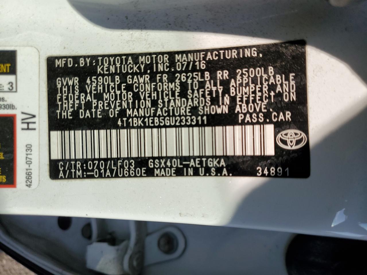 2016 Toyota Avalon VIN 4T1BK1EB5GU233311 Copart auction photo, rear end / side damage thumbnail 14